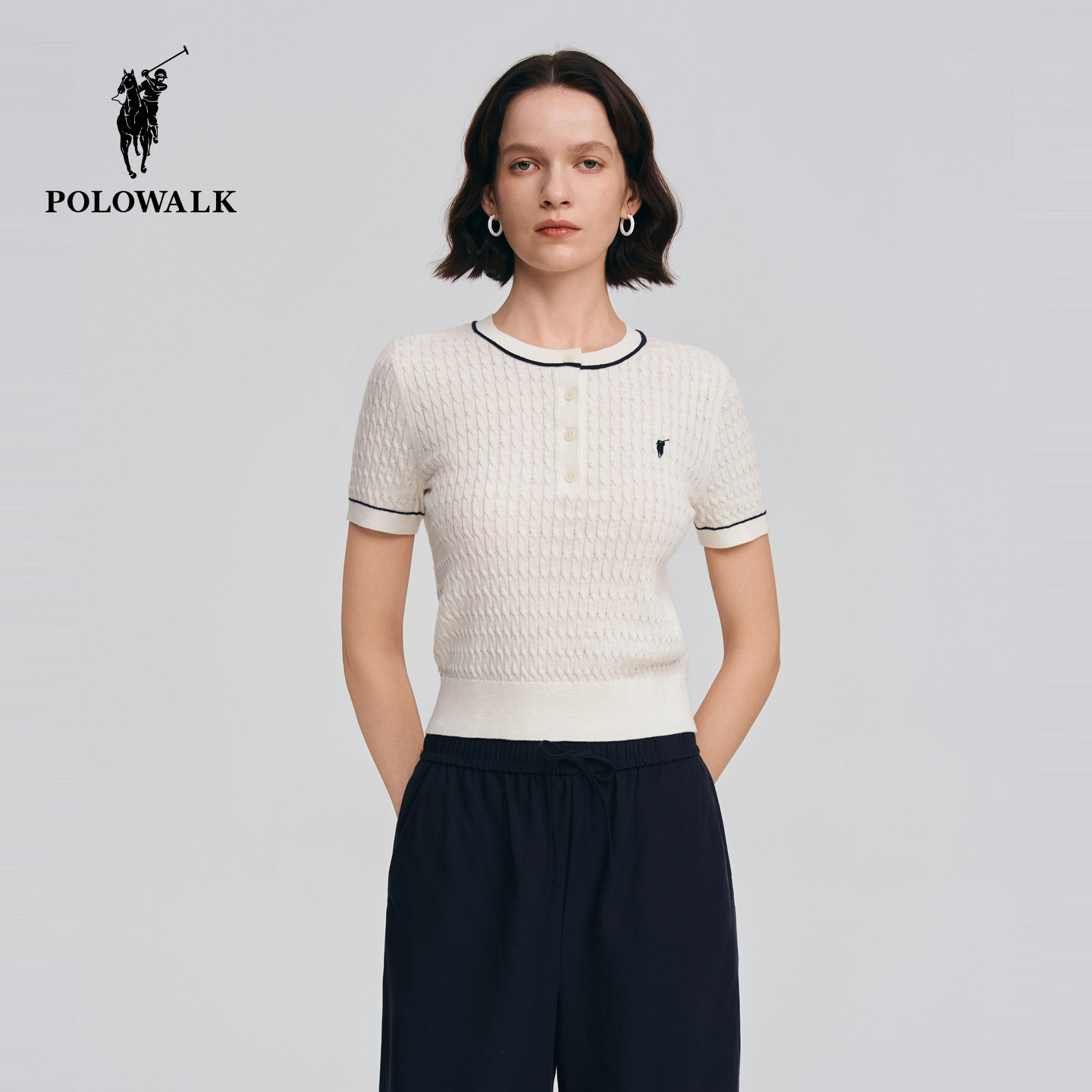 POLOWALK女士短袖针织衫2026夏季新款圆V领针织绞花显瘦短袖T恤女
