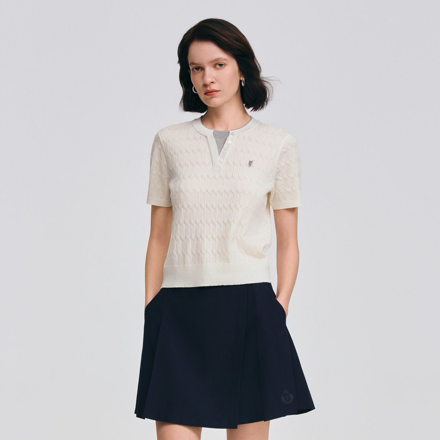 POLOWALK女士短袖针织衫2026春夏新款拼接圆领假两件绞花针织衫