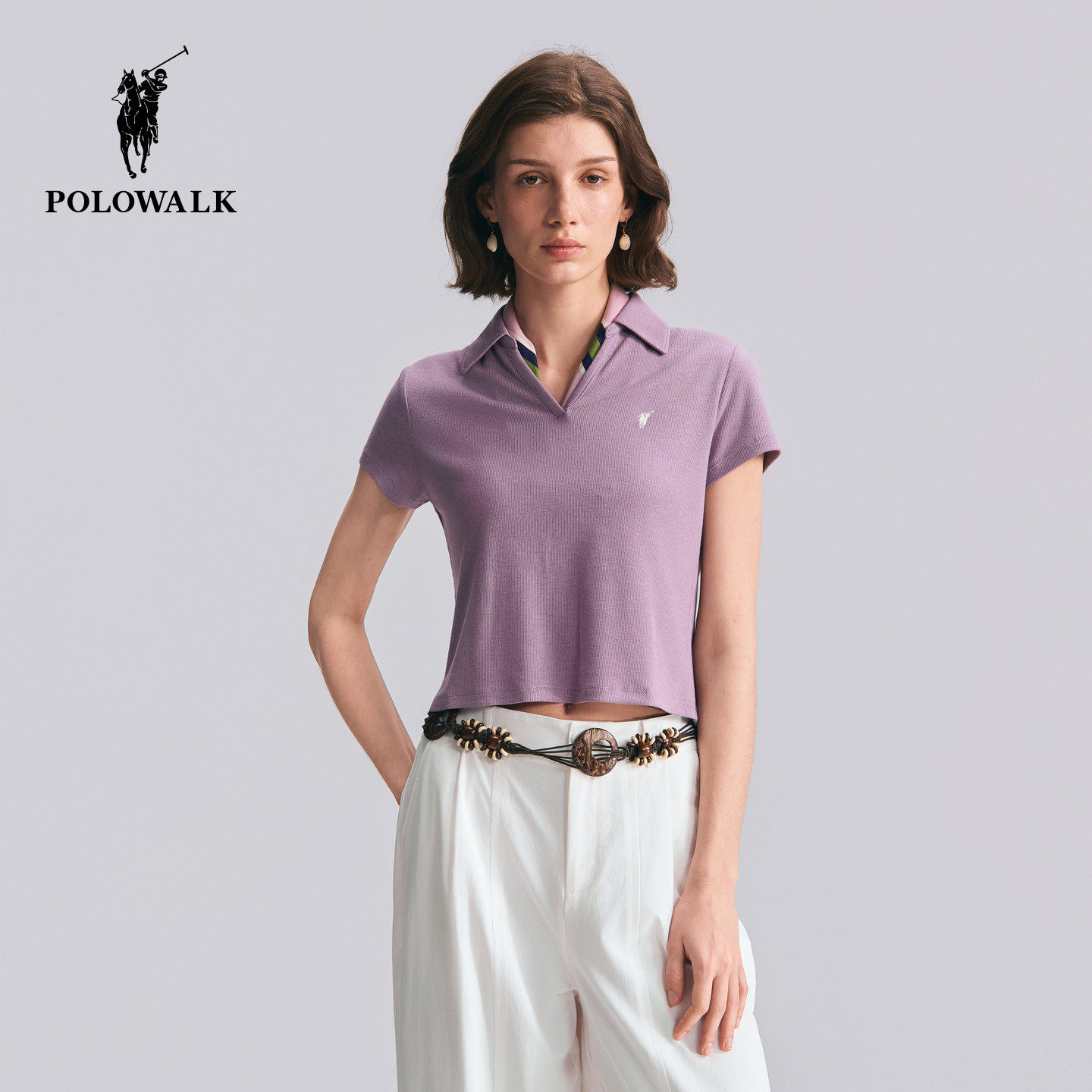 POLOWALK女装2026夏季新款女士短袖POLO衫纯色V领T恤小个子上衣