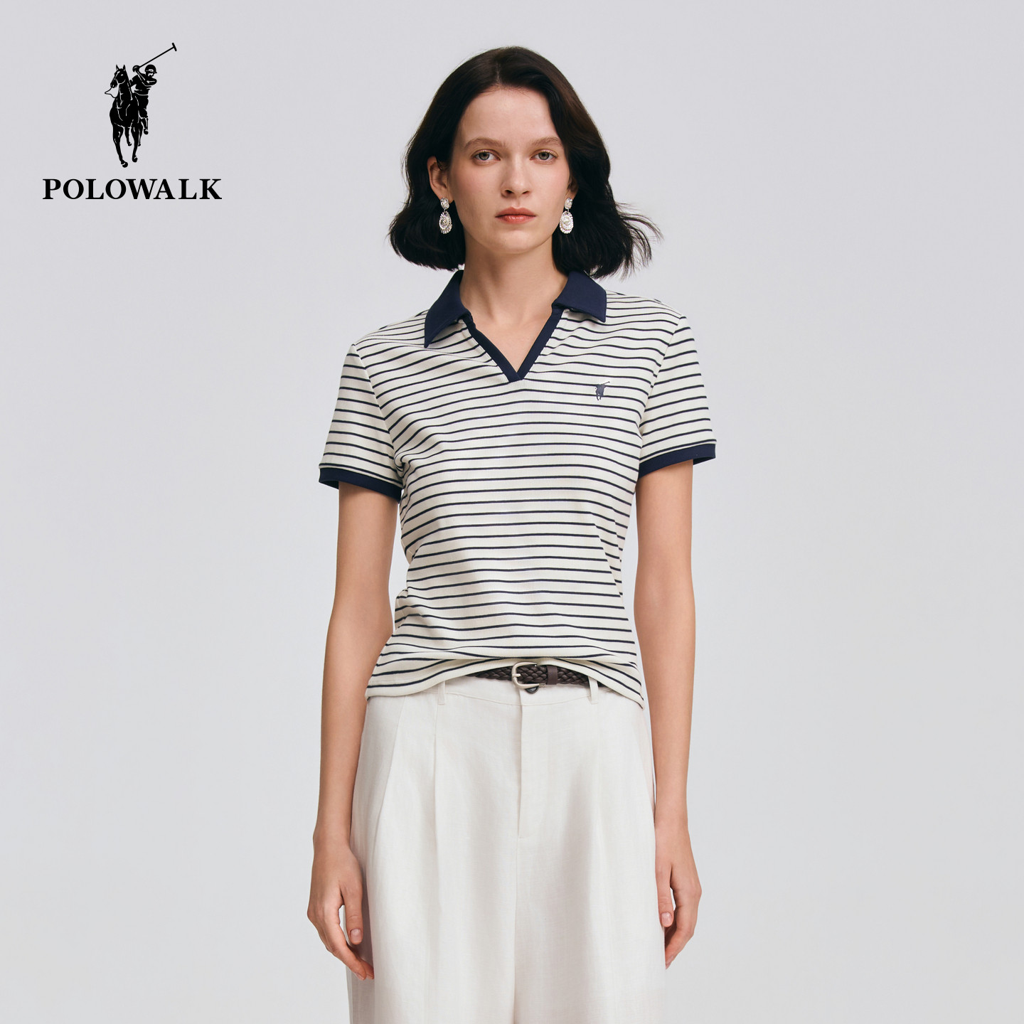 POLOWALK女士短袖2026夏季新款V领撞色条纹修身休闲短袖T恤上衣女