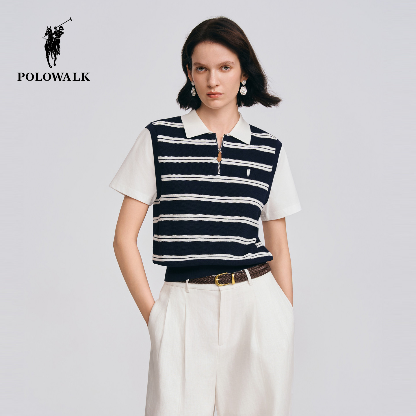 POLOWALK女士短袖针织衫2026春夏新款假两件翻领T恤条纹套头衫