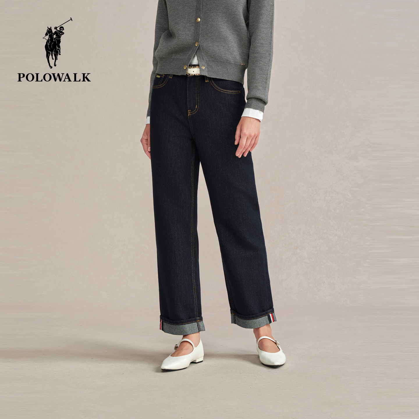 POLOWALK女士直筒卷边牛仔裤