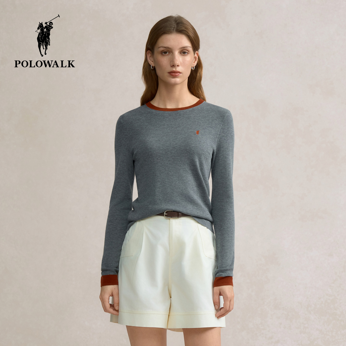 POLOWALK女士长袖T恤2026春季新款圆领收腰设计打底衫显