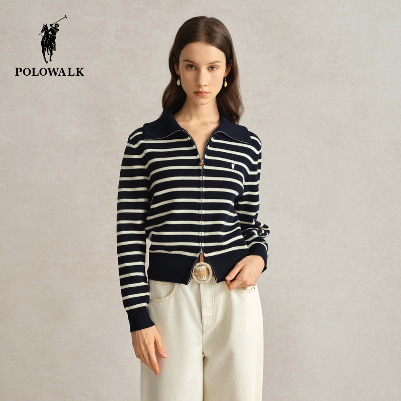 POLOWALK女士毛衣拉链开衫条纹