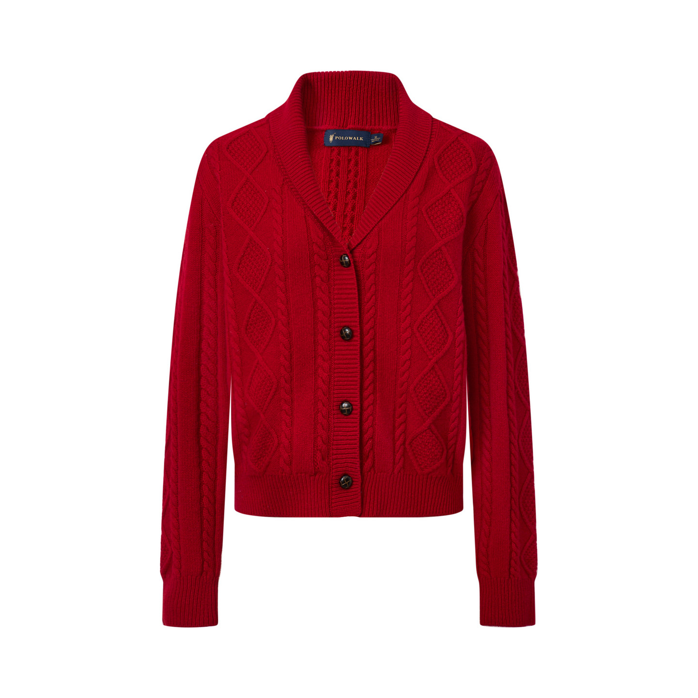 POLOWALK女士羊毛衫2026春季新款女装外套翻领开衫毛衣红色羊毛衫