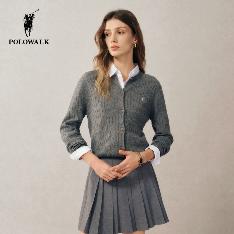 POLOWALK女士长袖针织衫2026春季新款修身通勤百搭针织毛衣女外套