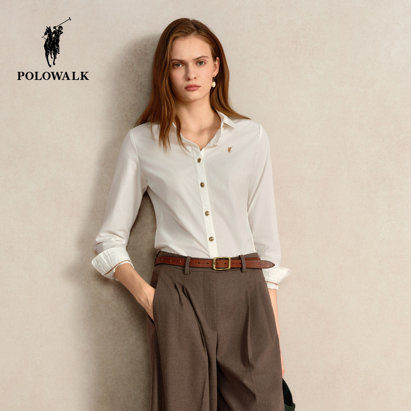 POLOWALK女装正肩长袖纯棉衬衫