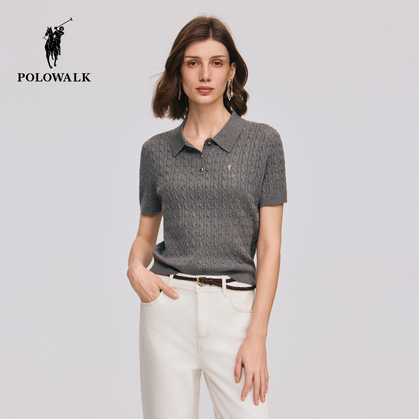 【520礼物】POLOWALK女士短袖针织衫夏季翻领绞花休闲百搭