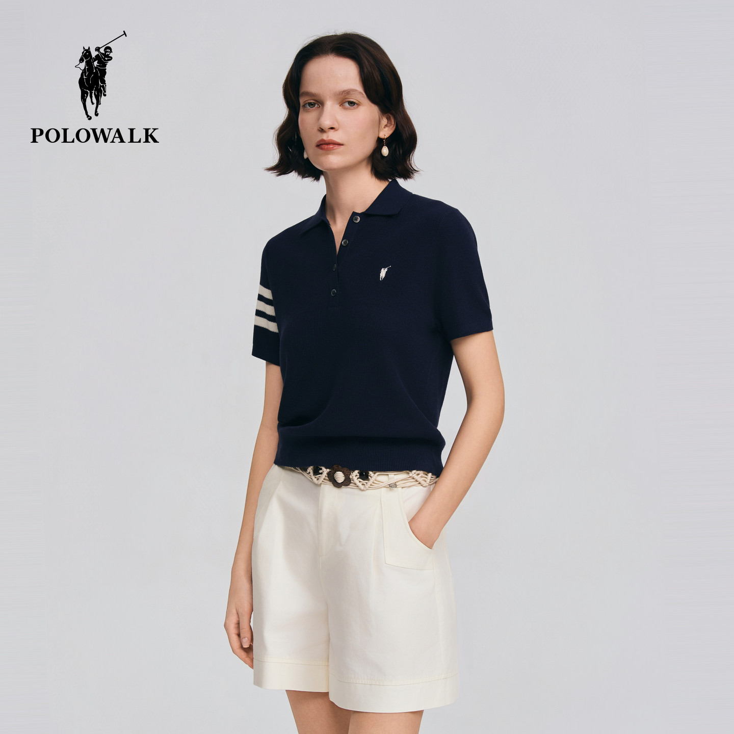 POLOWALK女士短袖针织衫2026夏季新款亚麻混纺短袖polo领针织T恤
