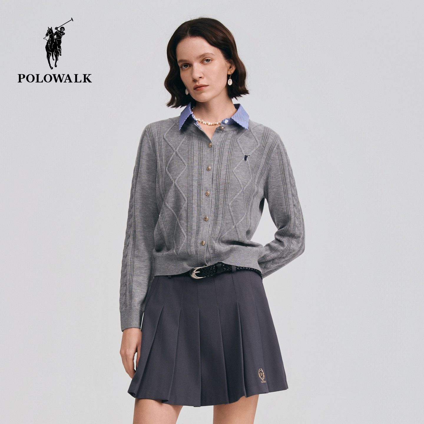 POLOWALK女装针织衫2026春季新款女士长袖针织衫假两件翻领开衫