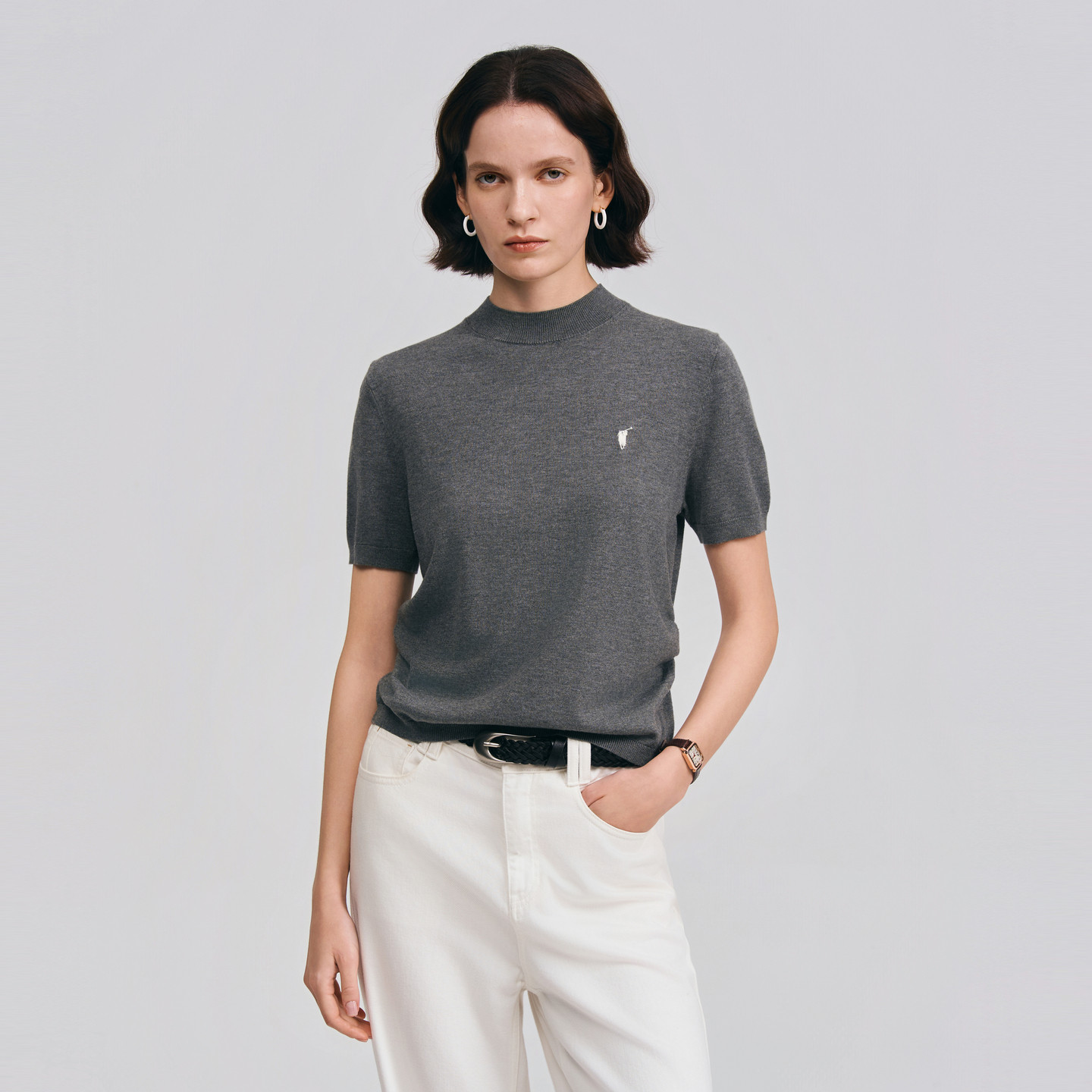 POLOWALK女士短袖针织衫2026夏季新款简约百搭修身显瘦T恤半高领