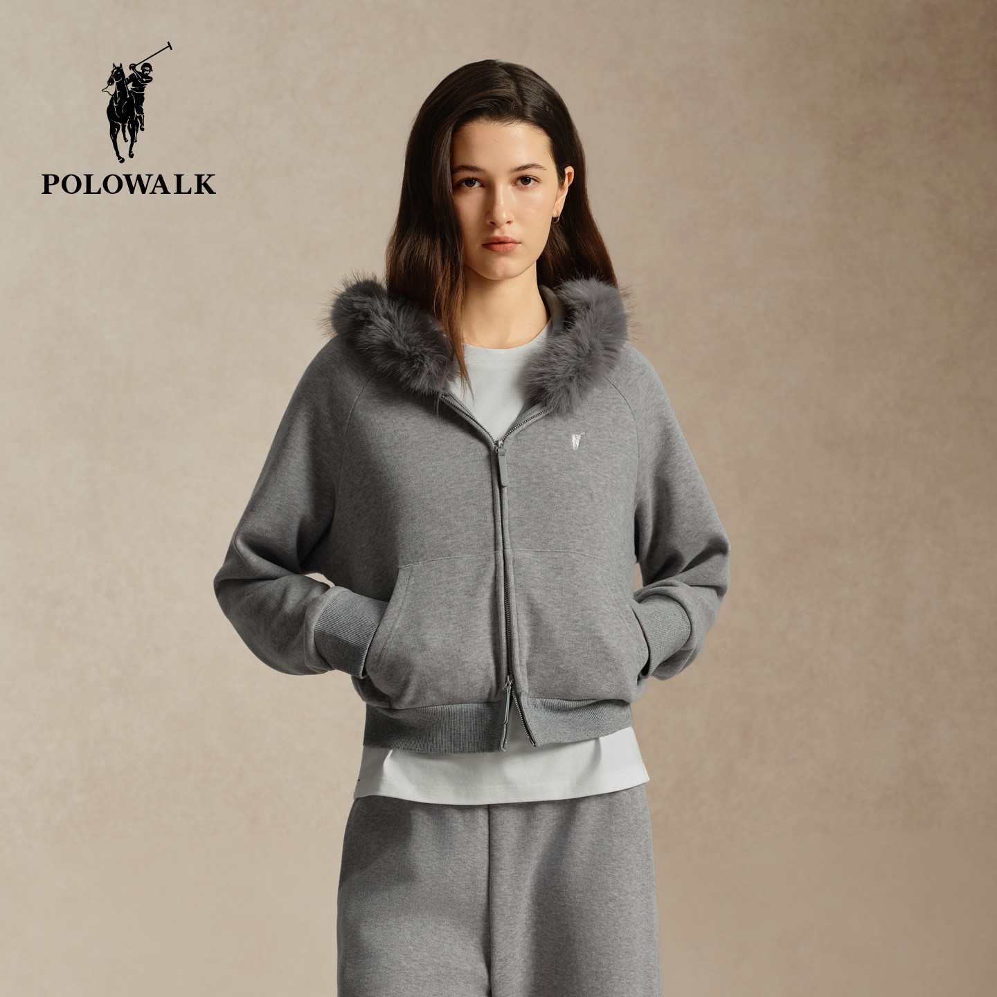 【套装】POLOWALK女式卫衣2026秋季新品纯色毛领加绒连帽开衫外套