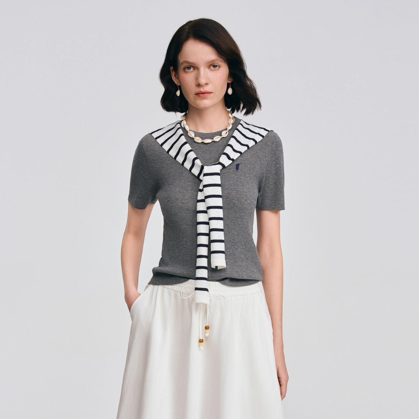 POLOWALK女士短袖针织衫2026春夏新款慵懒条纹披肩圆领修身T恤