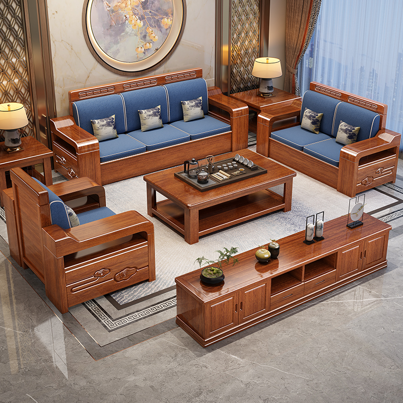 中式胡桃木实木沙发客厅储物全实木现代简约小户型冬夏两用沙发