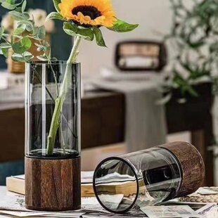 轻奢木头花瓶摆件简约创意玻璃水养鲜花玫瑰百合客厅餐桌插花装饰