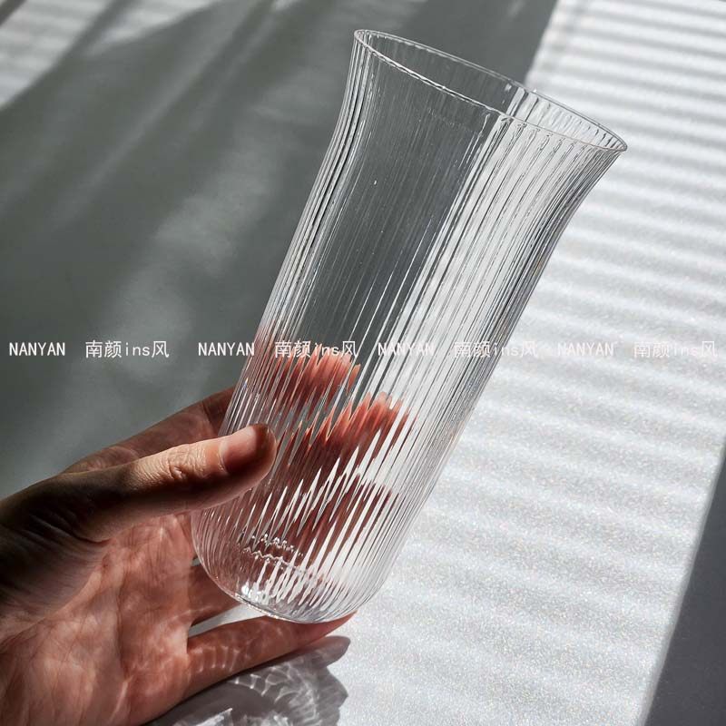 ins古典阔口竖纹玻璃咖啡杯轻薄冰美式拿铁杯茶杯鸡尾酒杯冷饮杯