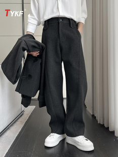 高端毛呢休闲裤子男士2025新款秋冬季加厚男裤轻熟风弯刀西裤男款