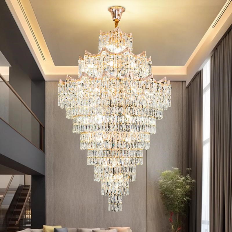 复式楼大吊灯欧式别墅客厅水晶灯轻奢酒店大厅灯T具中空挑高长吊