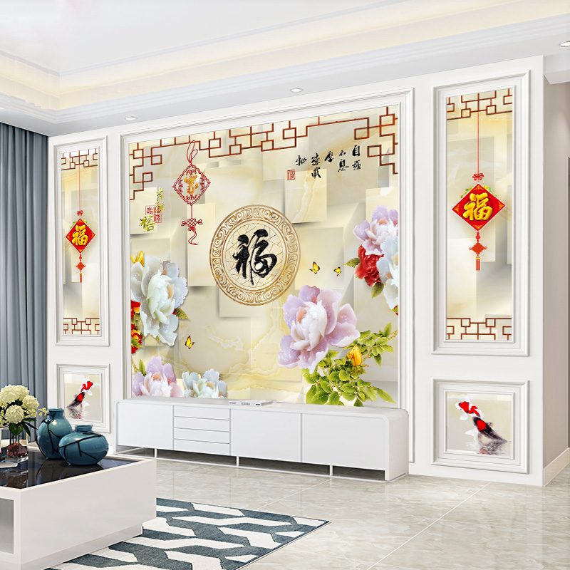 中式网红a电视背景墙壁画2021年新款客厅大气8d墙纸壁布影视墙墙