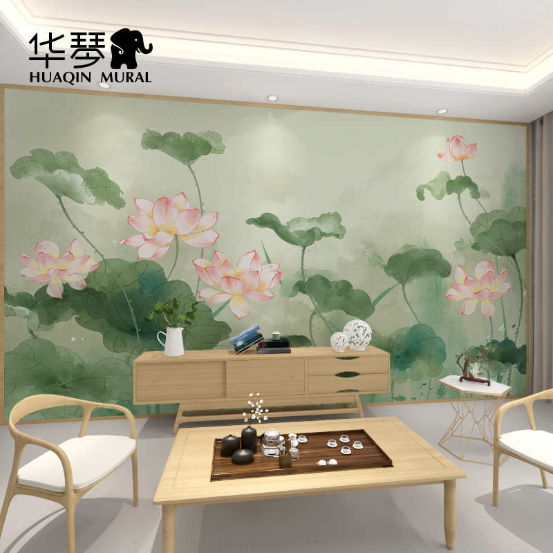 新中式荷花电视背景墙壁纸莲花壁画客厅卧室茶室墙纸W无缝壁布墙