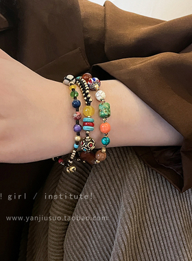 民族风藏式吉象手链女情侣闺蜜新中式复古天O然石编织手绳古着手