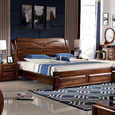 实木床1.8米双人床 现代简约北欧婚床高箱气压床储物床黑胡桃木床