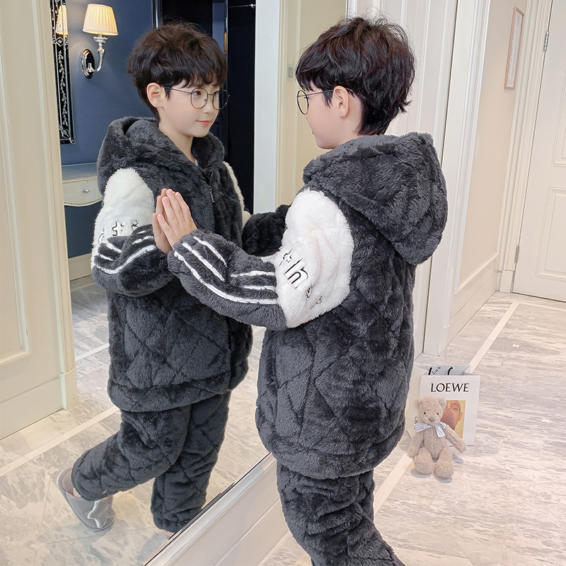 儿童睡衣冬季加厚j男童法兰绒三层夹棉加绒珊瑚绒深灰配米白家居