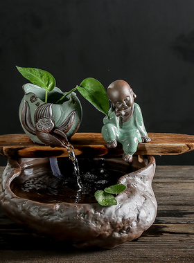 禅意可爱小和尚流水器循环抽水y摆件陶瓷家居客厅饰品开业乔迁礼