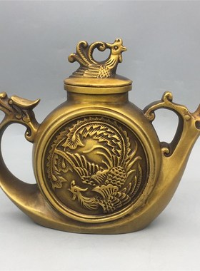 仿古做旧纯铜龙凤水壶q孔雀枝头酒壶家居装饰工艺品铜酒壶茶水壶