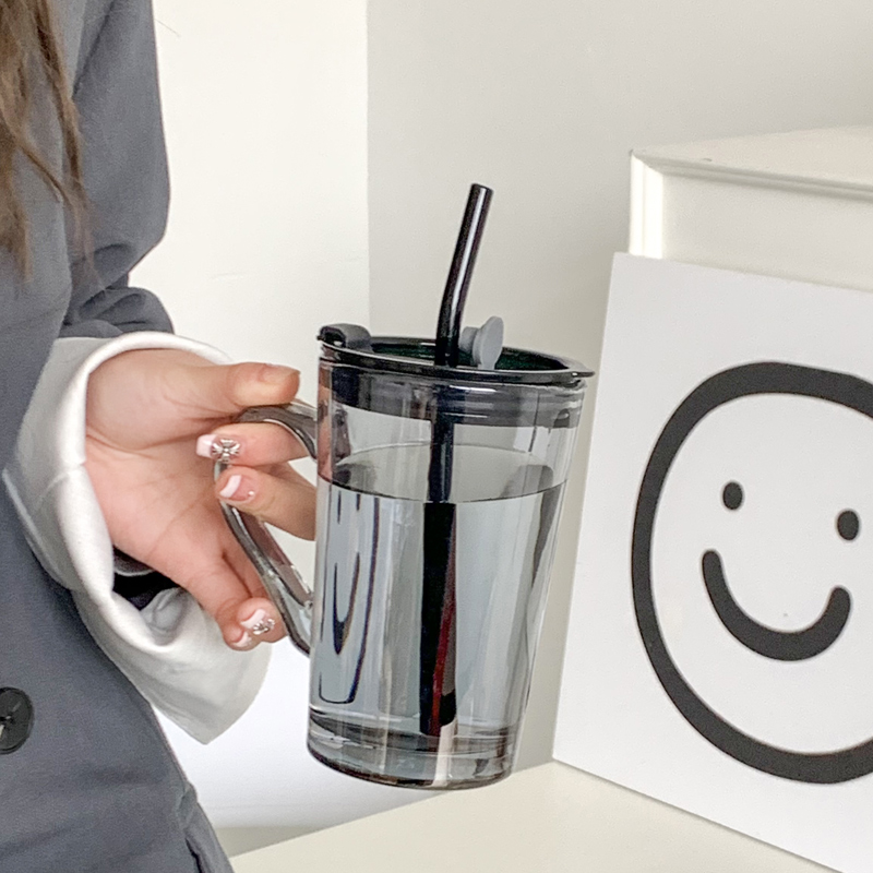 杯子男吸管玻璃杯办公r室喝水杯带把手牛奶杯家用宿舍女生泡茶杯