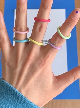 FHP 小众夏日彩m色手工滴油素圈开口戒指ins纯色叠戴可调节指环