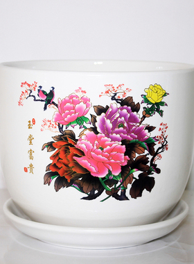 现代典雅印花白色大中小带托盘多C肉陶瓷金边牡丹图案大号桌面花