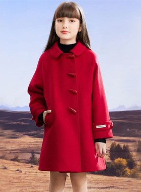 女童呢子大衣中长款牛角扣秋季2y023新款小女孩红色毛呢外套洋气