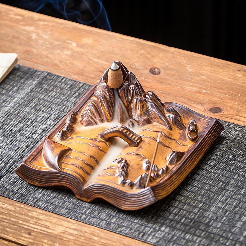 创意书卷陶瓷倒流香炉沉檀香熏香炉线香插O 书山有路 香座香托