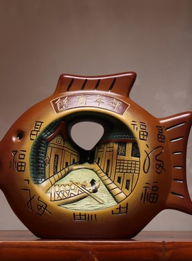 中式陶瓷博古架客厅进q门入户玄关隔断小摆件酒柜装饰品对鱼工艺