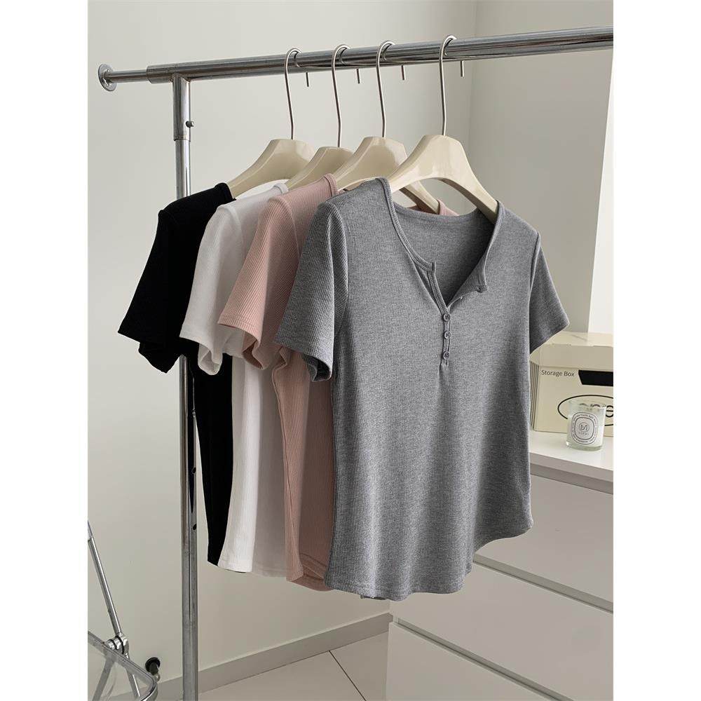 半开纽扣V领螺纹棉短袖女夏季新款显瘦百搭有弹力圆弧下摆正肩t恤,纺织面料/辅料/配套,纺织机械配件,淘宝优惠券,粉丝福利购,淘宝优惠卷