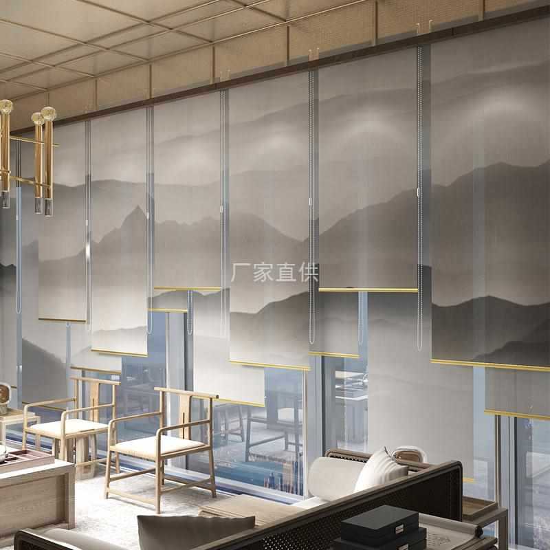 现代中式卷帘玄关挂式屏风软隔断落地窗帘子酒店餐厅软装半透挂帘