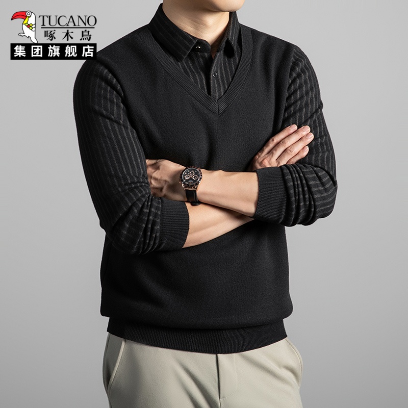 啄木鸟假两件毛衣冬季针织打底衫