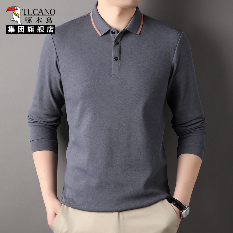 啄木鸟长袖翻领POLO衫男2025秋冬新款商务休闲中年爸爸装纯棉上衣