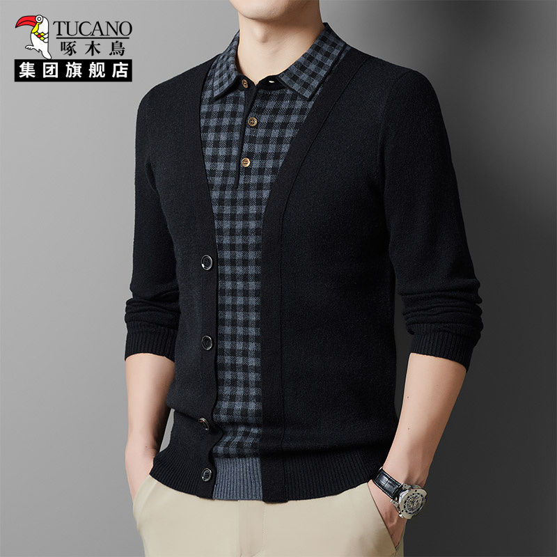 啄木鸟假两件衬衫领针织衫休闲