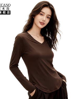 啄木鸟打底衫女士2025新款今年爆款保暖V领修身长袖上衣磨毛T恤FA