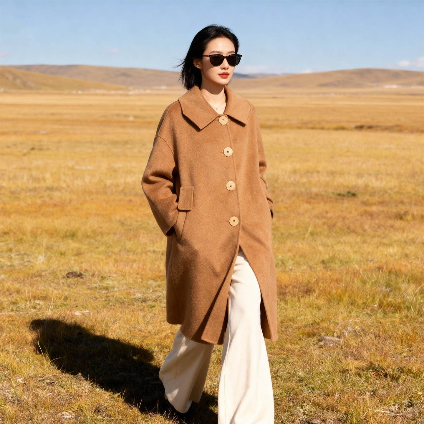 极简风羊绒大衣女中长款驼色翻领纽扣毛呢外套老钱风高级感