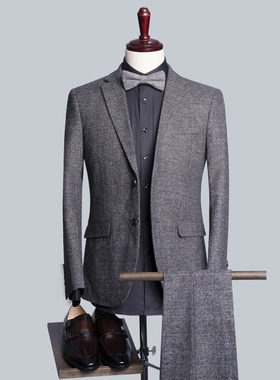 商务绅士风男士灰色西装套装修身职业正装新郎结婚礼服两件套LQ