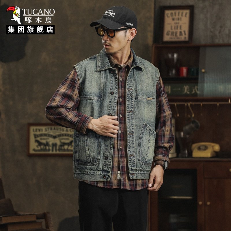 啄木鸟美式复古工装马甲男士春季水洗做旧宽松无袖坎肩背心外套潮,男装,牛仔外套,淘宝优惠券,粉丝福利购,淘宝优惠卷