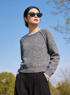 极简风纯色圆领套头针织衫女宽松长袖毛衣上衣LQ