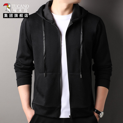 啄木鸟连帽开衫卫衣男黑色休闲