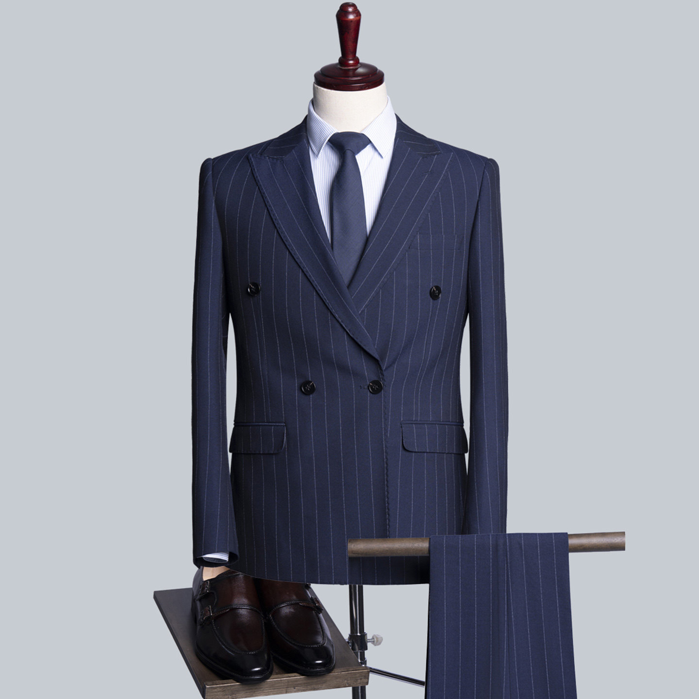 商务绅士风条纹双排扣西装男套装修身正装西服套装两件套高级感LQ