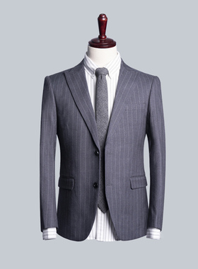 商务风条纹西装男修身两粒扣正装职西服外套灰色纯色基础高级感LQ