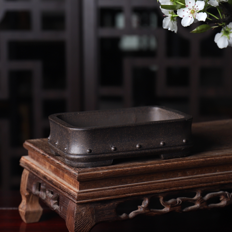 竹节鼓钉小长方暖q暖花器 精品紫砂小花盆 古铜泥盆 盆景微盆