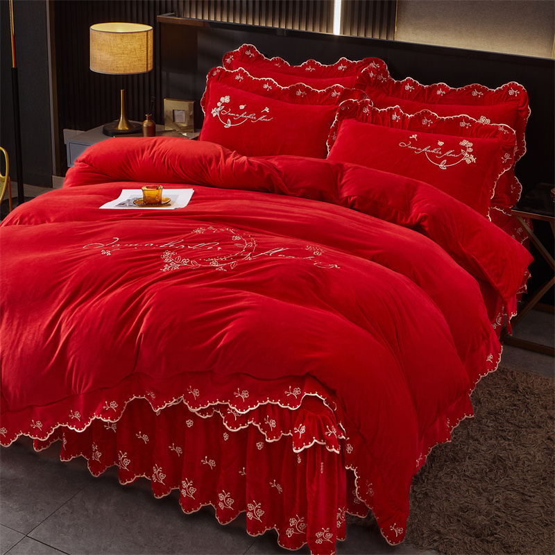 欧式结婚大红色加厚床罩四件套夹棉宝宝绒床裙双面绒被罩Z牛奶绒